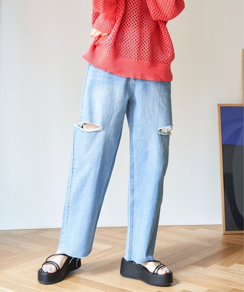 VENCEEXCHANGE（ヴァンスエクスチェンジ）の「サイドカットスリットストレートパンツ（デニムパンツ・レディース・スカイブルー/ホワイト/ブラック/ブルー・M/S）」の17枚目の写真