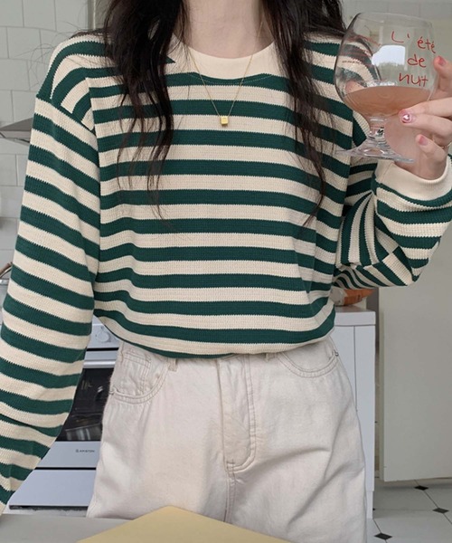 Girly Doll（ガーリードール）の「ボーダー長袖トップス（Tシャツ/カットソー・レディース・ボルドー/グリーン/ブラウン/ブラック・FREE）」の12枚目の写真
