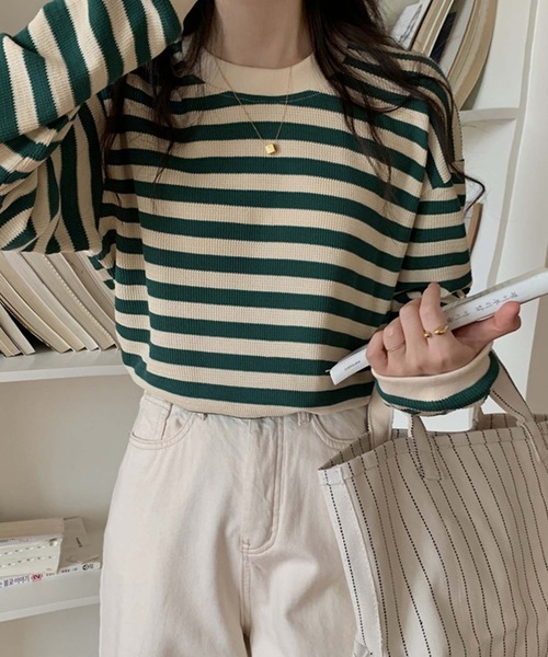 Girly Doll（ガーリードール）の「ボーダー長袖トップス（Tシャツ/カットソー・レディース・ボルドー/グリーン/ブラウン/ブラック・FREE）」の14枚目の写真