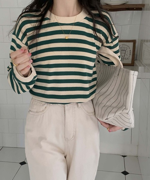 Girly Doll（ガーリードール）の「ボーダー長袖トップス（Tシャツ/カットソー・レディース・ボルドー/グリーン/ブラウン/ブラック・FREE）」の16枚目の写真