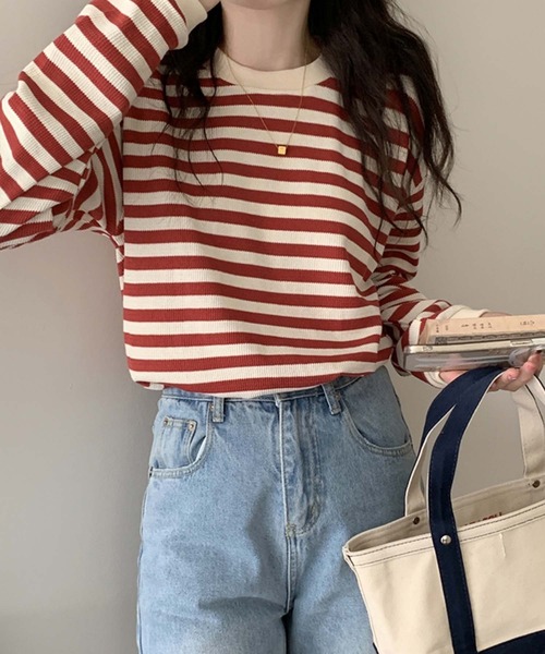 Girly Doll（ガーリードール）の「ボーダー長袖トップス（Tシャツ/カットソー・レディース・ボルドー/グリーン/ブラウン/ブラック・FREE）」の19枚目の写真