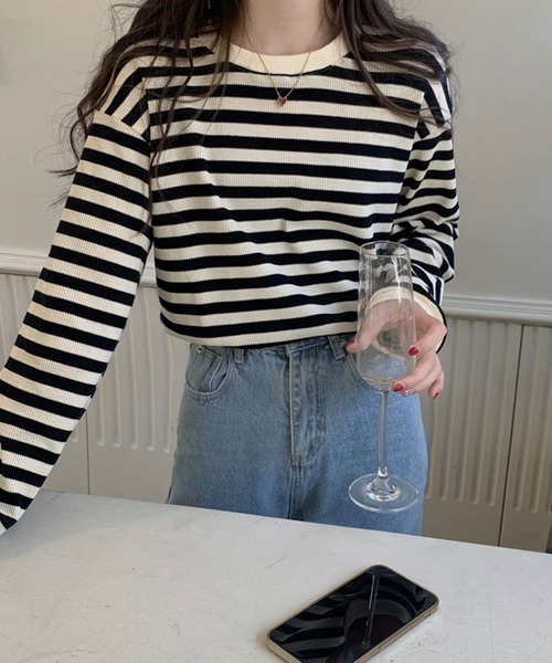 Girly Doll（ガーリードール）の「ボーダー長袖トップス（Tシャツ/カットソー・レディース・ボルドー/グリーン/ブラウン/ブラック・FREE）」の5枚目の写真
