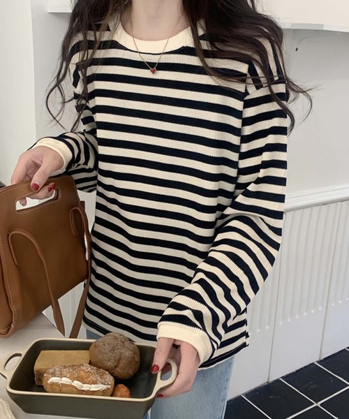 Girly Doll（ガーリードール）の「ボーダー長袖トップス（Tシャツ/カットソー・レディース・ボルドー/グリーン/ブラウン/ブラック・FREE）」の7枚目の写真