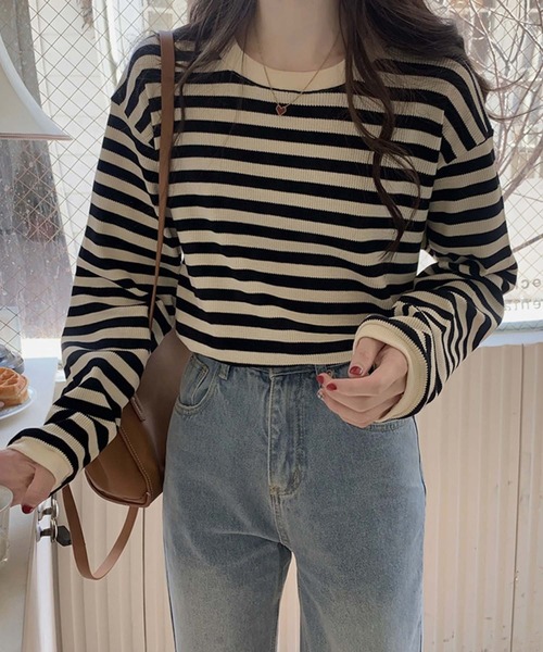 Girly Doll（ガーリードール）の「ボーダー長袖トップス（Tシャツ/カットソー・レディース・ボルドー/グリーン/ブラウン/ブラック・FREE）」の8枚目の写真