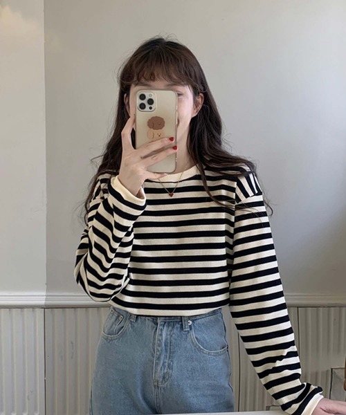 Girly Doll（ガーリードール）の「ボーダー長袖トップス（Tシャツ/カットソー・レディース・ボルドー/グリーン/ブラウン/ブラック・FREE）」の10枚目の写真