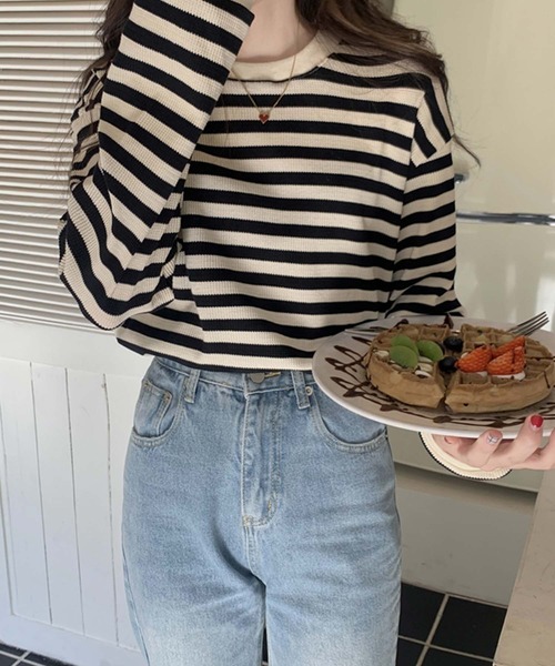 Girly Doll（ガーリードール）の「ボーダー長袖トップス（Tシャツ/カットソー・レディース・ボルドー/グリーン/ブラウン/ブラック・FREE）」の11枚目の写真