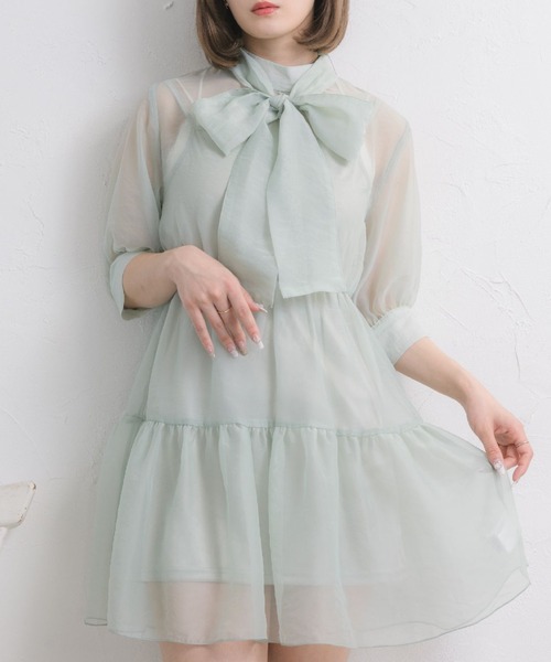 ems excite（エムズエキサイト）の「シアーボウタイOP（ワンピース・レディース・ホワイト/ブラック/グリーン・FREE）」の3枚目の写真