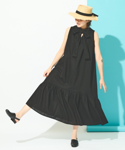 MERLOT（メルロー）の「リネン混リボンノースリーブワンピース