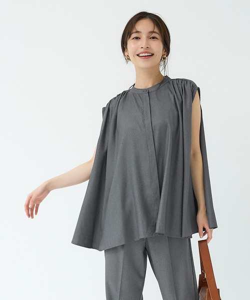 セットアップ対応リネンタッチ比翼ノースリーブブラウス