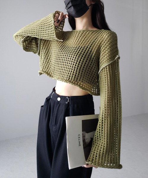 me+em select（ミームセレクト）の「【 6color 】ワイドスリーブステッチクロシェショートニット（ニット/セーター・レディース・ブルー/ピンク/ホワイト/グリーン/ミント/ブラック・FREE）」の3枚目の写真