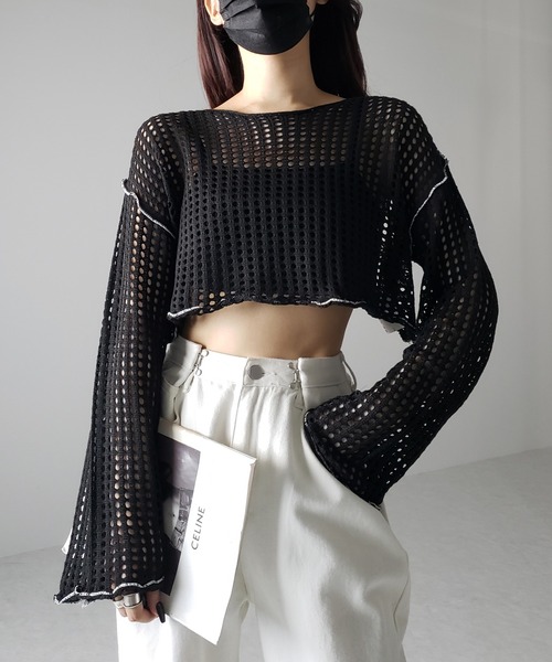 me+em select（ミームセレクト）の「【 6color 】ワイドスリーブステッチクロシェショートニット（ニット/セーター・レディース・ブルー/ピンク/ホワイト/グリーン/ミント/ブラック・FREE）」の16枚目の写真
