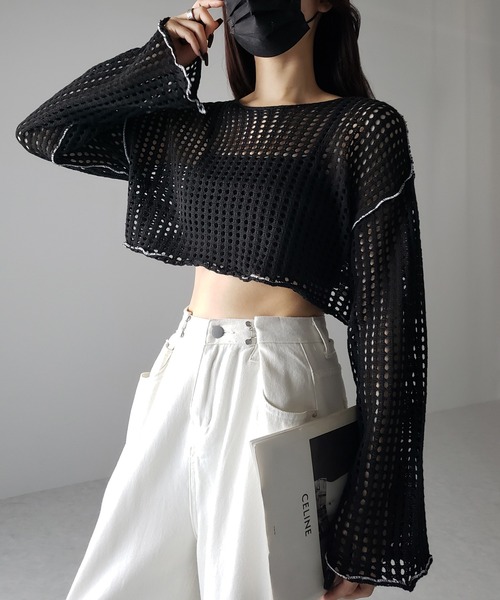 me+em select（ミームセレクト）の「【 6color 】ワイドスリーブステッチクロシェショートニット（ニット/セーター・レディース・ブルー/ピンク/ホワイト/グリーン/ミント/ブラック・FREE）」の17枚目の写真