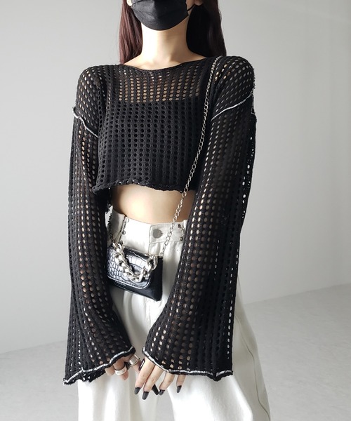 me+em select（ミームセレクト）の「【 6color 】ワイドスリーブステッチクロシェショートニット（ニット/セーター・レディース・ブルー/ピンク/ホワイト/グリーン/ミント/ブラック・FREE）」の19枚目の写真