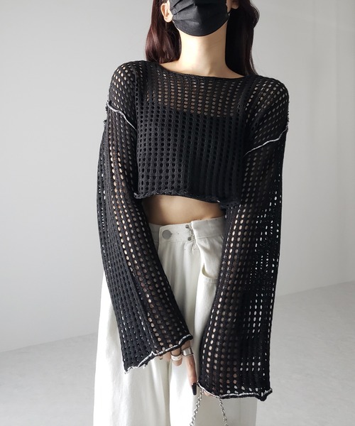 me+em select（ミームセレクト）の「【 6color 】ワイドスリーブステッチクロシェショートニット（ニット/セーター・レディース・ブルー/ピンク/ホワイト/グリーン/ミント/ブラック・FREE）」の22枚目の写真