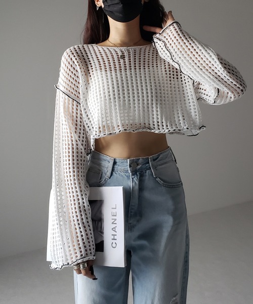 me+em select（ミームセレクト）の「【 6color 】ワイドスリーブステッチクロシェショートニット（ニット/セーター・レディース・ブルー/ピンク/ホワイト/グリーン/ミント/ブラック・FREE）」の8枚目の写真