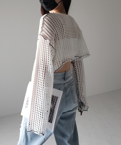 me+em select（ミームセレクト）の「【 6color 】ワイドスリーブステッチクロシェショートニット（ニット/セーター・レディース・ブルー/ピンク/ホワイト/グリーン/ミント/ブラック・FREE）」の10枚目の写真