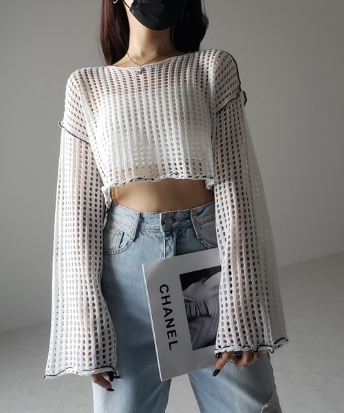 6color 】ワイドスリーブステッチクロシェショートニット