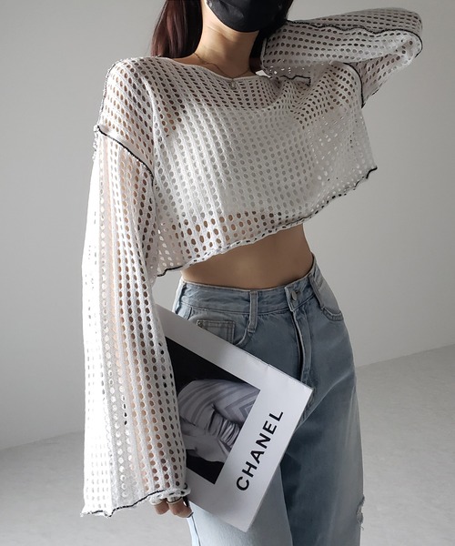 me+em select（ミームセレクト）の「【 6color 】ワイドスリーブステッチクロシェショートニット（ニット/セーター・レディース・ブルー/ピンク/ホワイト/グリーン/ミント/ブラック・FREE）」の11枚目の写真