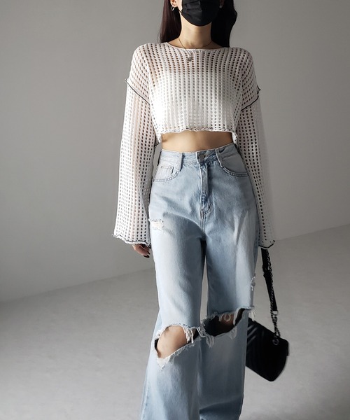 me+em select（ミームセレクト）の「【 6color 】ワイドスリーブステッチクロシェショートニット（ニット/セーター・レディース・ブルー/ピンク/ホワイト/グリーン/ミント/ブラック・FREE）」の12枚目の写真