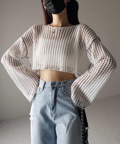 me+em select（ミームセレクト）の「【 6color 】ワイドスリーブステッチクロシェショートニット（ニット/セーター・レディース・ブルー/ピンク/ホワイト/グリーン/ミント/ブラック・FREE）」の14枚目の写真