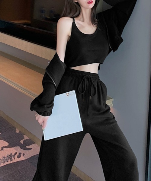 PRIVATE  BEACH（プライベートビーチ）の「3点セットルームウェア クロップド丈パーカー＆ミニキャミソール＆フルレングスパンツ（ルームウェア/パジャマ・レディース・ブラック/ダークグレー/ライトグレー/グレー/ネイビー・M/L/LL）」の8枚目の写真