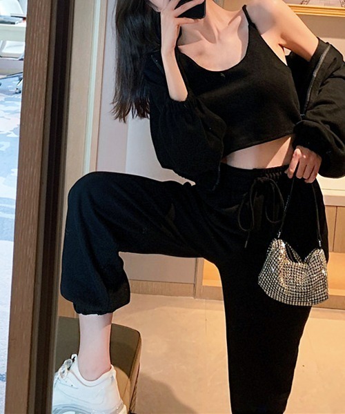 PRIVATE  BEACH（プライベートビーチ）の「3点セットルームウェア クロップド丈パーカー＆ミニキャミソール＆フルレングスパンツ（ルームウェア/パジャマ・レディース・ブラック/ダークグレー/ライトグレー/グレー/ネイビー・M/L/LL）」の9枚目の写真