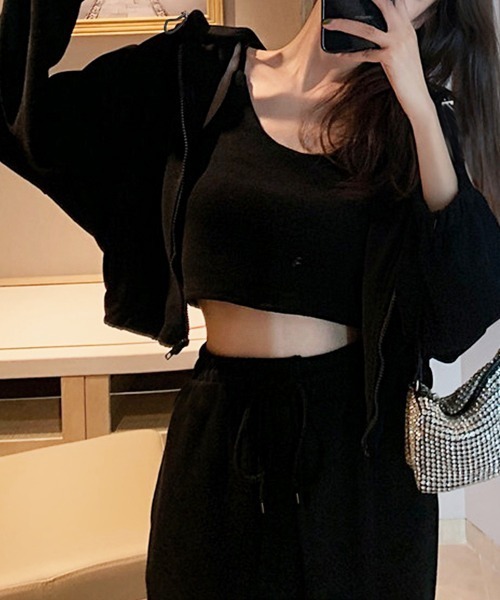 PRIVATE  BEACH（プライベートビーチ）の「3点セットルームウェア クロップド丈パーカー＆ミニキャミソール＆フルレングスパンツ（ルームウェア/パジャマ・レディース・ブラック/ダークグレー/ライトグレー/グレー/ネイビー・M/L/LL）」の10枚目の写真