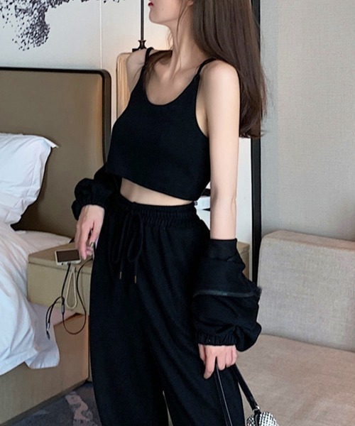 PRIVATE  BEACH（プライベートビーチ）の「3点セットルームウェア クロップド丈パーカー＆ミニキャミソール＆フルレングスパンツ（ルームウェア/パジャマ・レディース・ブラック/ダークグレー/ライトグレー/グレー/ネイビー・M/L/LL）」の11枚目の写真