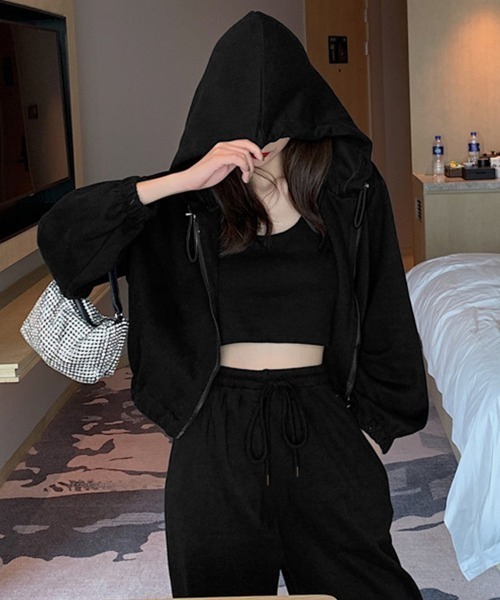 PRIVATE  BEACH（プライベートビーチ）の「3点セットルームウェア クロップド丈パーカー＆ミニキャミソール＆フルレングスパンツ（ルームウェア/パジャマ・レディース・ブラック/ダークグレー/ライトグレー/グレー/ネイビー・M/L/LL）」の12枚目の写真