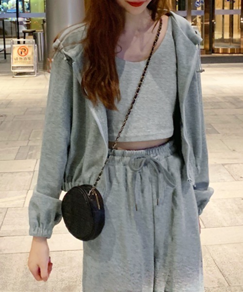 PRIVATE  BEACH（プライベートビーチ）の「3点セットルームウェア クロップド丈パーカー＆ミニキャミソール＆フルレングスパンツ（ルームウェア/パジャマ・レディース・ブラック/ダークグレー/ライトグレー/グレー/ネイビー・M/L/LL）」の17枚目の写真