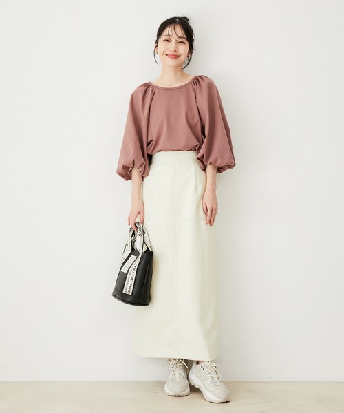 VIS（ビス）の「フェイクレザーIラインロングスカート（スカート・レディース・オレンジ系その他/オフホワイト/ブラック・S/M）」の5枚目の写真