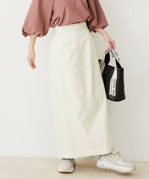 VIS（ビス）の「フェイクレザーIラインロングスカート（スカート・レディース・オレンジ系その他/オフホワイト/ブラック・S/M）」の12枚目の写真