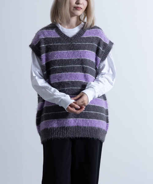 NYLAUS（ナイラス）の「Shaggy Solid/Border Loose V-neck Knit Vest / シャギー 無地/ボーダー柄 ルーズ Vネック ニットベスト（ベスト・メンズ・ブラック/レンガ/チャコール/ブラック系/グレー系/レッド系・M/L）」の16枚目の写真