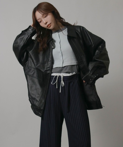 Social GIRL（ソーシャルガール）の「オーバーサイズ PUレザージャケット（ブルゾン・レディース・ブラック/ブラウン/アイボリー/モカ・M/L）」の11枚目の写真