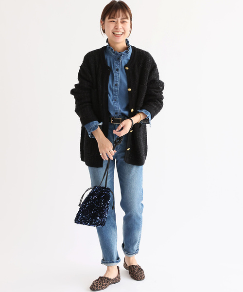 JOURNAL STANDARD relume（ジャーナルスタンダード　レリューム）の「《追加2》TWEEDYニットジャケット（カーディガン/ボレロ・レディース・ブラック/アイボリー・FREE）」の3枚目の写真