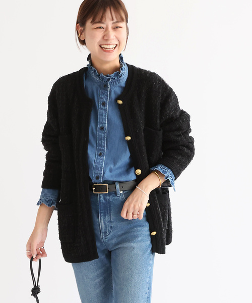 レリューム　TWEEDYニットジャケット　金ボタン　黒　ノーカラー JOURNAL STANDARD relume（ジャーナルスタンダード レリューム）の