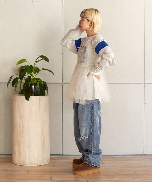 w closet(ダブルクローゼット)の「チュールオーバーキャミソール(チュニック・レディース・キナリ/オフホワイト/ブラック系/ブラック・FREE)」の9枚目の写真