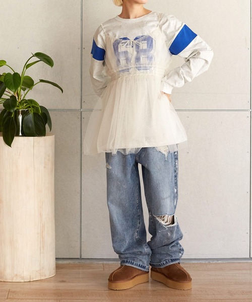 w closet(ダブルクローゼット)の「チュールオーバーキャミソール(チュニック・レディース・キナリ/オフホワイト/ブラック系/ブラック・FREE)」の11枚目の写真