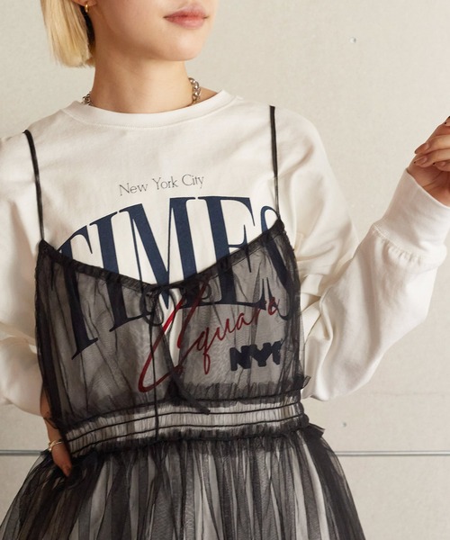 w closet(ダブルクローゼット)の「チュールオーバーキャミソール(チュニック・レディース・キナリ/オフホワイト/ブラック系/ブラック・FREE)」の16枚目の写真