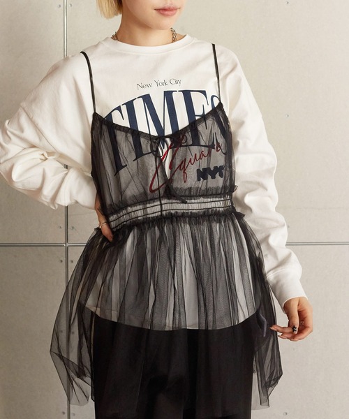 w closet(ダブルクローゼット)の「チュールオーバーキャミソール(チュニック・レディース・キナリ/オフホワイト/ブラック系/ブラック・FREE)」の18枚目の写真