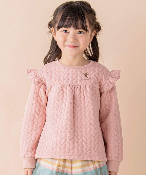Noeil aime BeBe(ノイユエイムベベ)の「ケーブルジャガード肩フリルAライントレーナー(80~130cm)(スウェット・キッズ・グリーン/ピンク・130cm/90cm/100cm/110cm/120cm/80cm)」の1枚目の写真