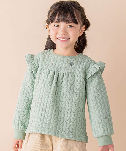 Noeil aime BeBe(ノイユエイムベベ)の「ケーブルジャガード肩フリルAライントレーナー(80~130cm)(スウェット・キッズ・グリーン/ピンク・130cm/90cm/100cm/110cm/120cm/80cm)」の2枚目の写真