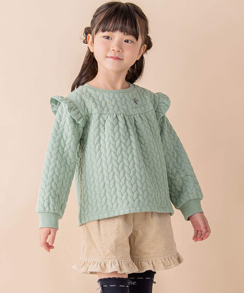 Noeil aime BeBe(ノイユエイムベベ)の「ケーブルジャガード肩フリルAライントレーナー(80~130cm)(スウェット・キッズ・グリーン/ピンク・130cm/90cm/100cm/110cm/120cm/80cm)」の6枚目の写真