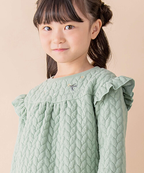 Noeil aime BeBe(ノイユエイムベベ)の「ケーブルジャガード肩フリルAライントレーナー(80~130cm)(スウェット・キッズ・グリーン/ピンク・130cm/90cm/100cm/110cm/120cm/80cm)」の7枚目の写真