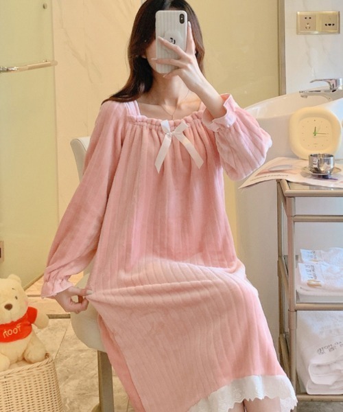 おしゃれスタ（オシャレスタ）の「ストライプフランネルワンピースルームウェア（ルームウェア/パジャマ・レディース・ブルー/ホワイト/ピンク・M/L/XL/XXL）」の3枚目の写真