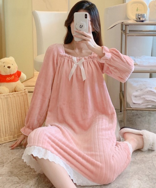 おしゃれスタ（オシャレスタ）の「ストライプフランネルワンピースルームウェア（ルームウェア/パジャマ・レディース・ブルー/ホワイト/ピンク・M/L/XL/XXL）」の11枚目の写真