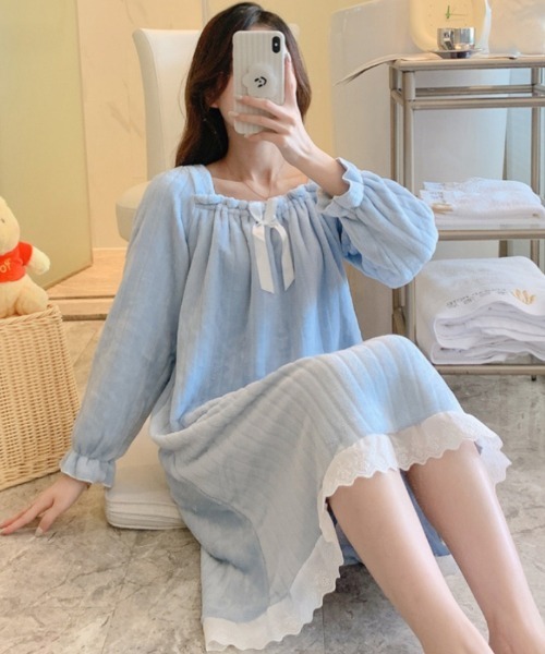 おしゃれスタ（オシャレスタ）の「ストライプフランネルワンピースルームウェア（ルームウェア/パジャマ・レディース・ブルー/ホワイト/ピンク・M/L/XL/XXL）」の8枚目の写真