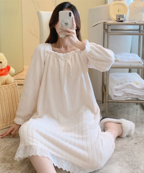 おしゃれスタ（オシャレスタ）の「ストライプフランネルワンピースルームウェア（ルームウェア/パジャマ・レディース・ブルー/ホワイト/ピンク・M/L/XL/XXL）」の5枚目の写真