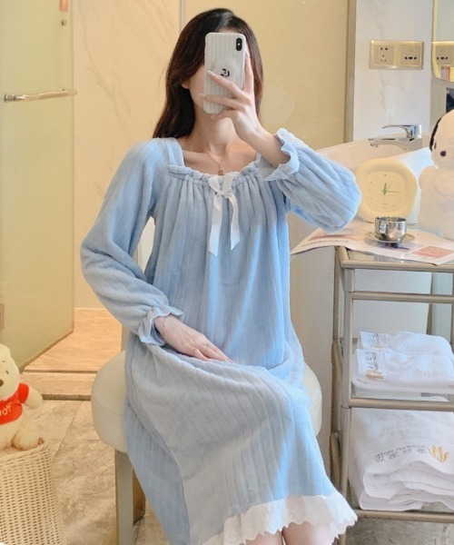 おしゃれスタ（オシャレスタ）の「ストライプフランネルワンピースルームウェア（ルームウェア/パジャマ・レディース・ブルー/ホワイト/ピンク・M/L/XL/XXL）」の9枚目の写真