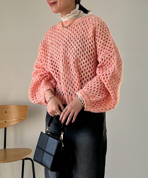 un dix cors（アンディコール）の「透かし編みボートネックニット（ニット/セーター・レディース・グレー/オレンジ・FREE）」の5枚目の写真